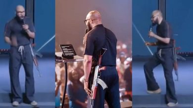 Reactions as Pastor is seen holding AK47 whiles preaching (Video)