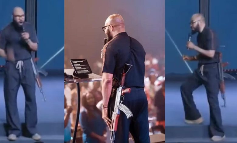 Reactions as Pastor is seen holding AK47 whiles preaching (Video)